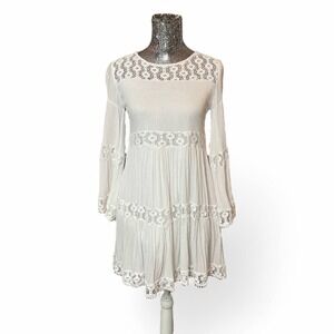 Boho Crochet Flare Sleeve Tiered Mini Dress XS/Small Romantic Peasant Summer